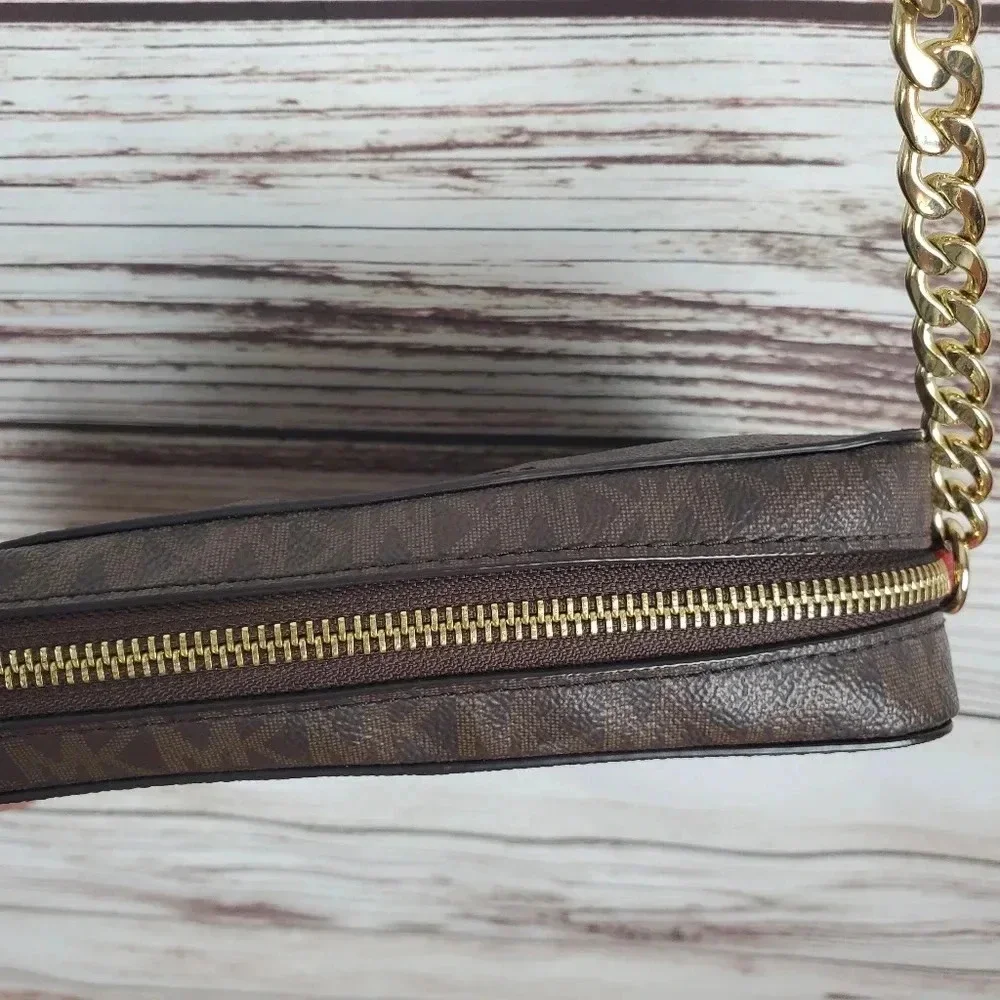 Michael Kors Jet Set East West Signature Brown/Red/Gold Perforated Crossbody Bag
